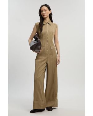 Karen Millen Tencel Cotton Contrast Stitch Zip Front Woven Jumpsuit - Natural