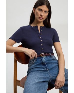 Karen Millen Viscose Rib Button Up Crew Neck T-Shirt - Blue