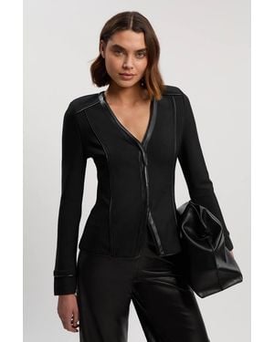 Karen Millen Petite Bandage Pu Detail V Neck Top - Black