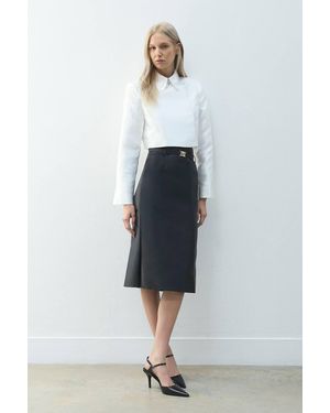 Karen Millen Petite Forever Satin Twill Belted Tailored Midi Skirt - Black