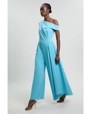 Karen Millen Compact Stretch Asymmetric Neck Wide Leg Jumpsuit - Blue