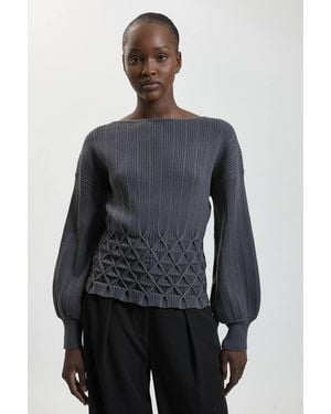 Karen Millen Ribbed Knit Long Sleeve Top With Manipulated Stitch Detail - Grey