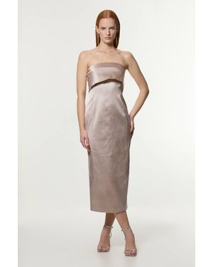 Karen Millen Italian Structured Textured Satin Bandeau Tailored Maxi Dress - Natural