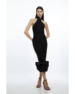 Karen Millen Petite Figure Form Bandage Ruffle Hem Halter Knit Midi Dress - Black