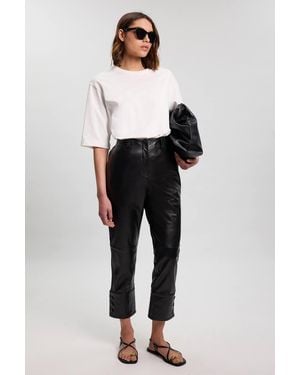 Karen Millen Leather Straight Leg Button Detail Trouser - Black