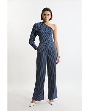 Karen Millen Tall Striped Twill Wide Leg Woven Trouser - Blue