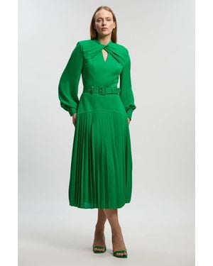Karen Millen Ponte And Georgette Mix Balloon Sleeve Cut Out Detail Pleated Maxi Dress - Green