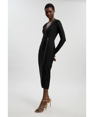 Karen Millen Petite Figure Form Bandage Asymmetric Zip Detail Midi Dress - Black
