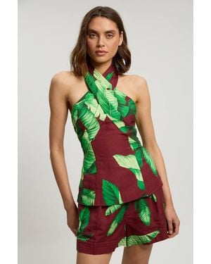 Karen Millen Viscose Linen Palm Tree Halterneck Woven Top - Green
