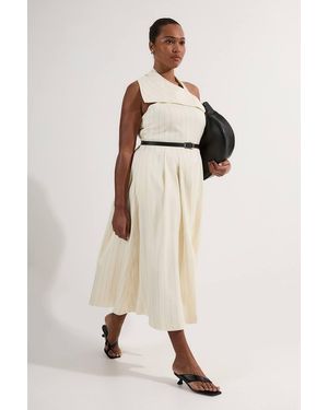 Karen Millen Plus Size Premium Linen Viscose Pinstripe Halter Neck Belted Full Skirted Midi Dress - Natural