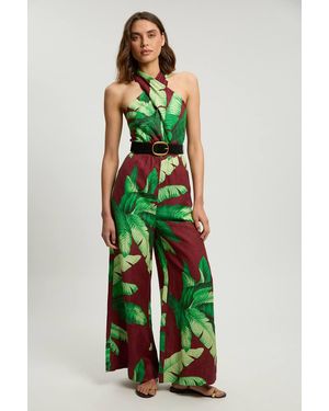 Karen Millen Viscose Linen Palm Tree Belted Halterneck Woven Jumpsuit - Green