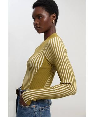 Karen Millen Stripe Fitted Long Sleeve Knitted Top - Green