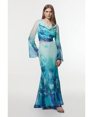 Karen Millen Ombre Floral Woven Crinkle Maxi Skirt - Blue