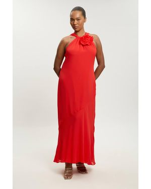 Karen Millen Plus Size Viscose Georgette Rosette Ruffle Halterneck Maxi Dress - Red