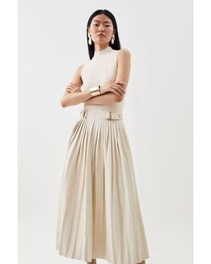Karen Millen Knitted Midi Dress With Pu Detailing - Natural