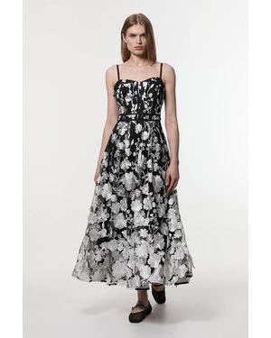 Karen Millen Floral Applique Corset Detail Woven Midi Dress - White