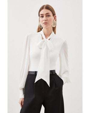 Karen Millen Forever Jersey Ponte And Georgette Mix Tie Neck Long Sleeve Bodysuit - White