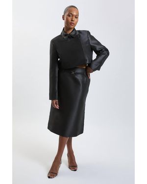 Karen Millen Plus Size Forever Satin Twill Belted Tailored Midi Skirt - Black
