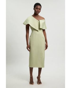Karen Millen Polished Linen Blend Asymmetric Fold Detail Tailored Midi Pencil Dress - Green