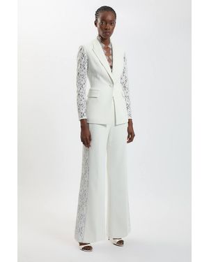 Karen Millen Compact Stretch Lace Mix Tailored Wide Leg Trouser - White