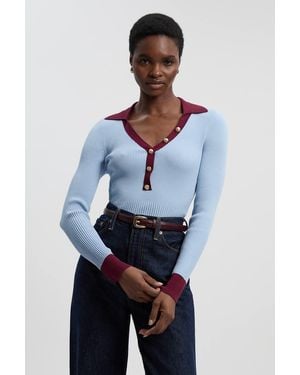 Karen Millen Knit Rib With Contrast Hem Detail Collared Top - Blue