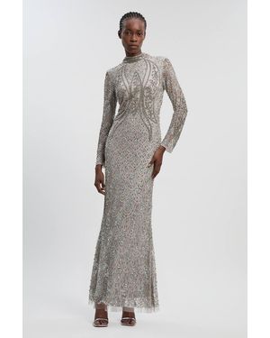Karen Millen Crystal Embellished Long Sleeve Woven Maxi Dress - Grey