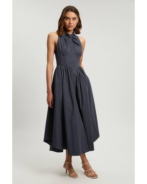 Karen Millen Cotton Poplin Tie Neck Midi Dress - Blue