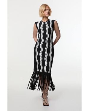 Karen Millen Contrast Wave Knit Dress With Fringing - Black
