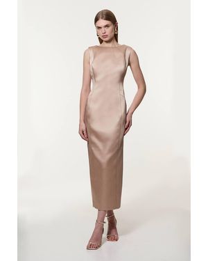 Karen Millen Structured Viscose Satin Stitch Detail Tailored Pencil Maxi Dress - Natural