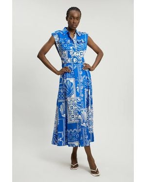 Karen Millen Premium Viscose Linen Print Belted Woven Midi Dress - Blue