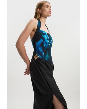 Karen Millen Lily Macrae Polished Tailored Print Halter Neck Gathered Midi Dress - Blue