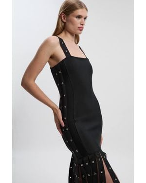 Karen Millen Strappy Eyelet Detail Fringe Figure Form Bandage Midi Dress - Black