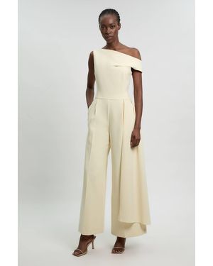 Karen Millen Compact Stretch Asymmetric Neck Wide Leg Jumpsuit - Natural