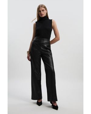 Karen Millen Petite Faux Leather Seam Detail Wide Leg Tailored Trouser - Black