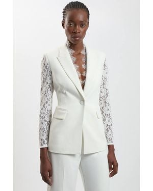 Karen Millen Compact Stretch Lace Mix Tailored Single Breasted Blazer - White