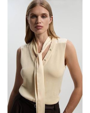 Karen Millen Tie Neck Woven And Knit Mix Top - Natural