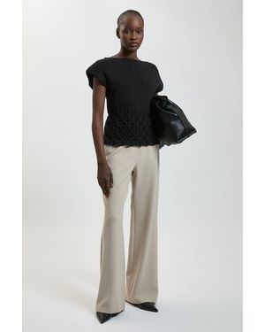 Karen Millen Ribbed Knit Power Shoulder Top With Manipulated Stitch Detail - Black