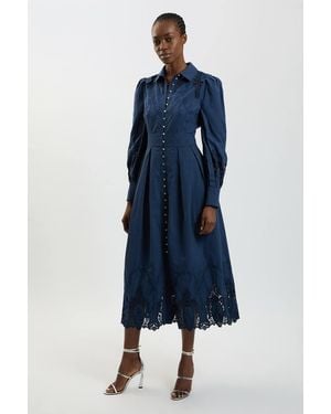 Karen Millen Cotton Cutwork Balloon Sleeve Woven Midi Dress - Blue