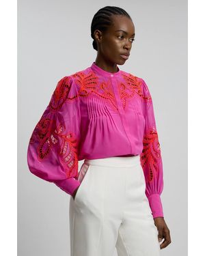 Karen Millen Cutwork Beaded Embroidered Woven Blouse - Pink