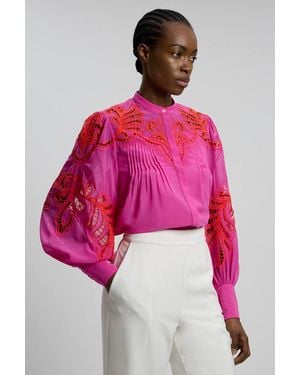 Karen Millen Cutwork Beaded Embroidered Woven Blouse - Pink