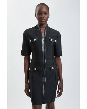Karen Millen Short Sleeve Pu Tipped Military Bandage Mini Dress - Black