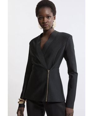 Karen Millen Figure Form Bandage Knit Side Zip Longline Jacket - Black