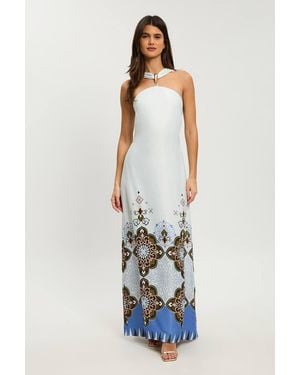 Karen Millen Petite Tile Print Satin Viscose Halterneck Maxi Dress - White