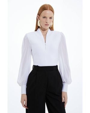 Karen Millen Bandage Figure Form Zip Detail Chiffon Sleeve Knit Top - White
