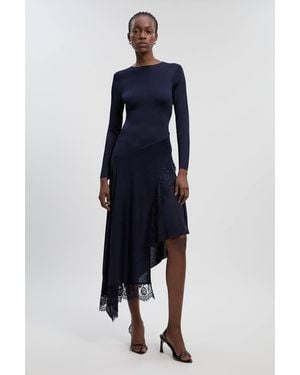 viscose blend slinky sheer lace detail asymmetric knit midaxi dress Karen Millen Viscose Blend Slinky Sheer Lace Detail Asymmetric Knit Maxi  Dress in Natural