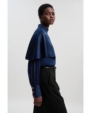 Karen Millen Military Sheer Cape Detail Woven Top - Blue