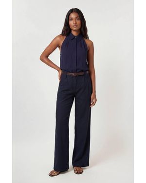 Karen Millen Premium Linen Viscose Halter Collared Woven Shirt - Blue