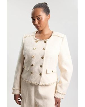 Karen Millen Plus Size Tweed Embellished Trim Tailored Jacket - Natural
