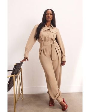 Karen Millen Utility Detail Cuffed Woven Jumpsuit - Natural