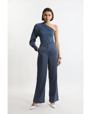 Karen Millen Striped Cotton Wide Leg Woven Trouser - Blue